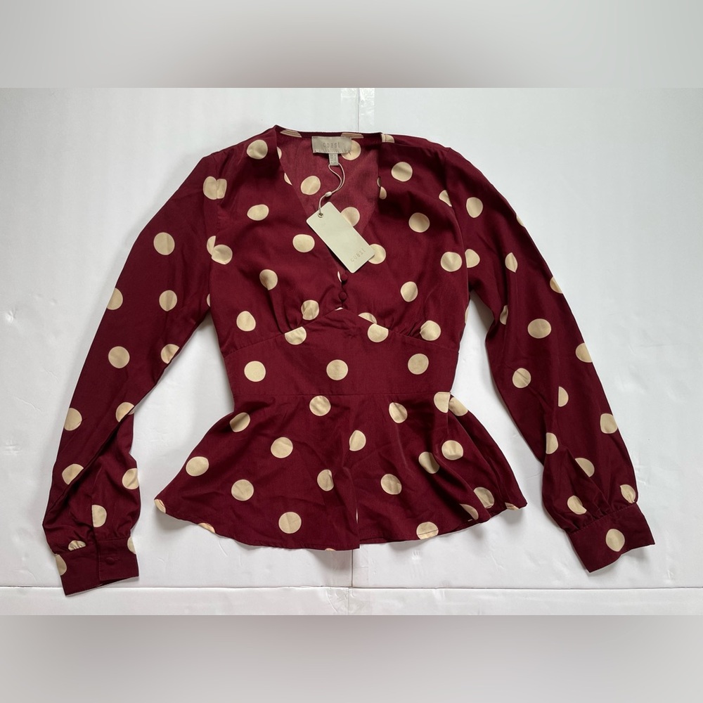 Polka Dot Peplum Blouse - Burgundy with Cream Dots